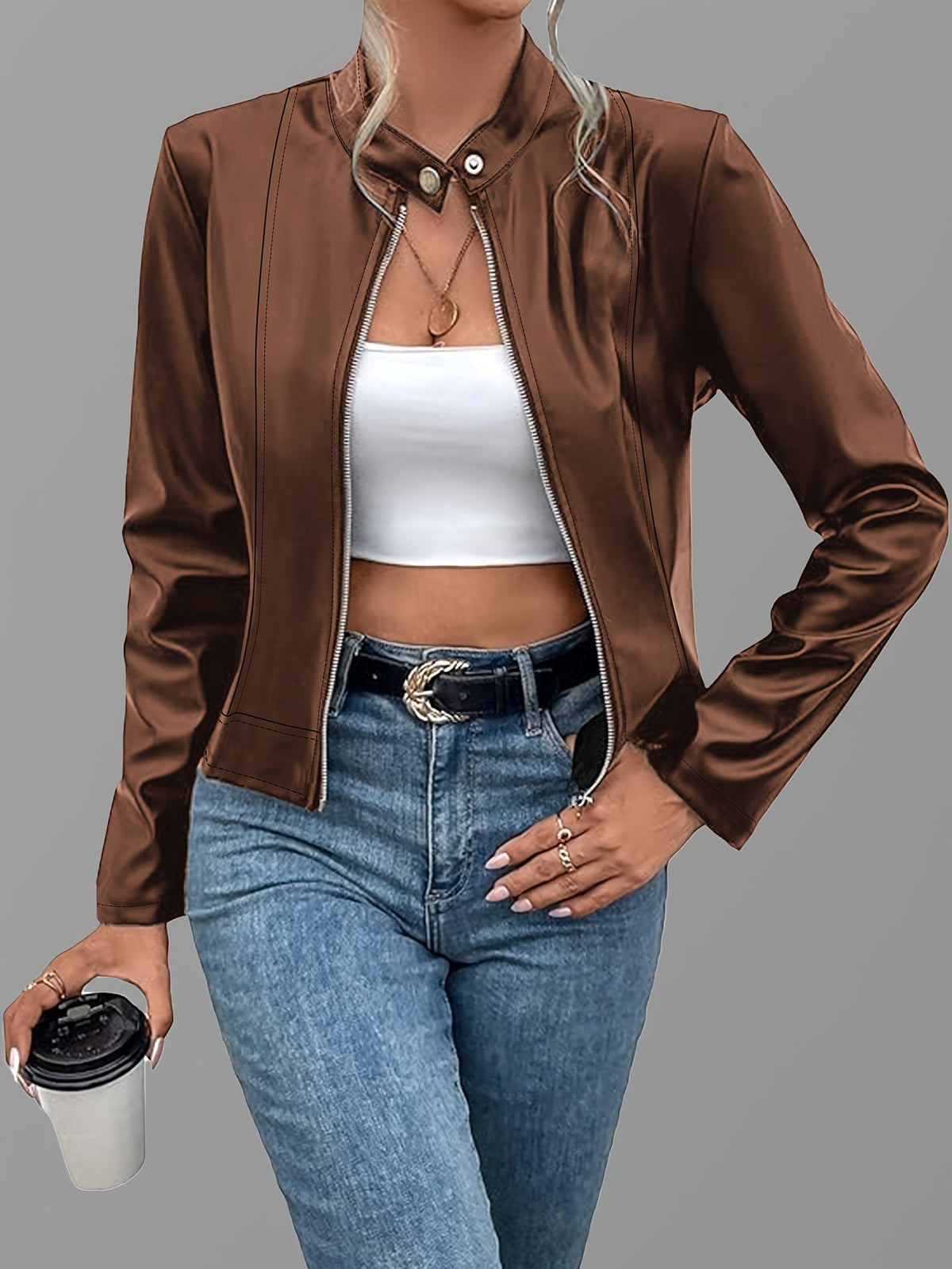 Khaki cropped faux leather jacket - Lana Fiorelli