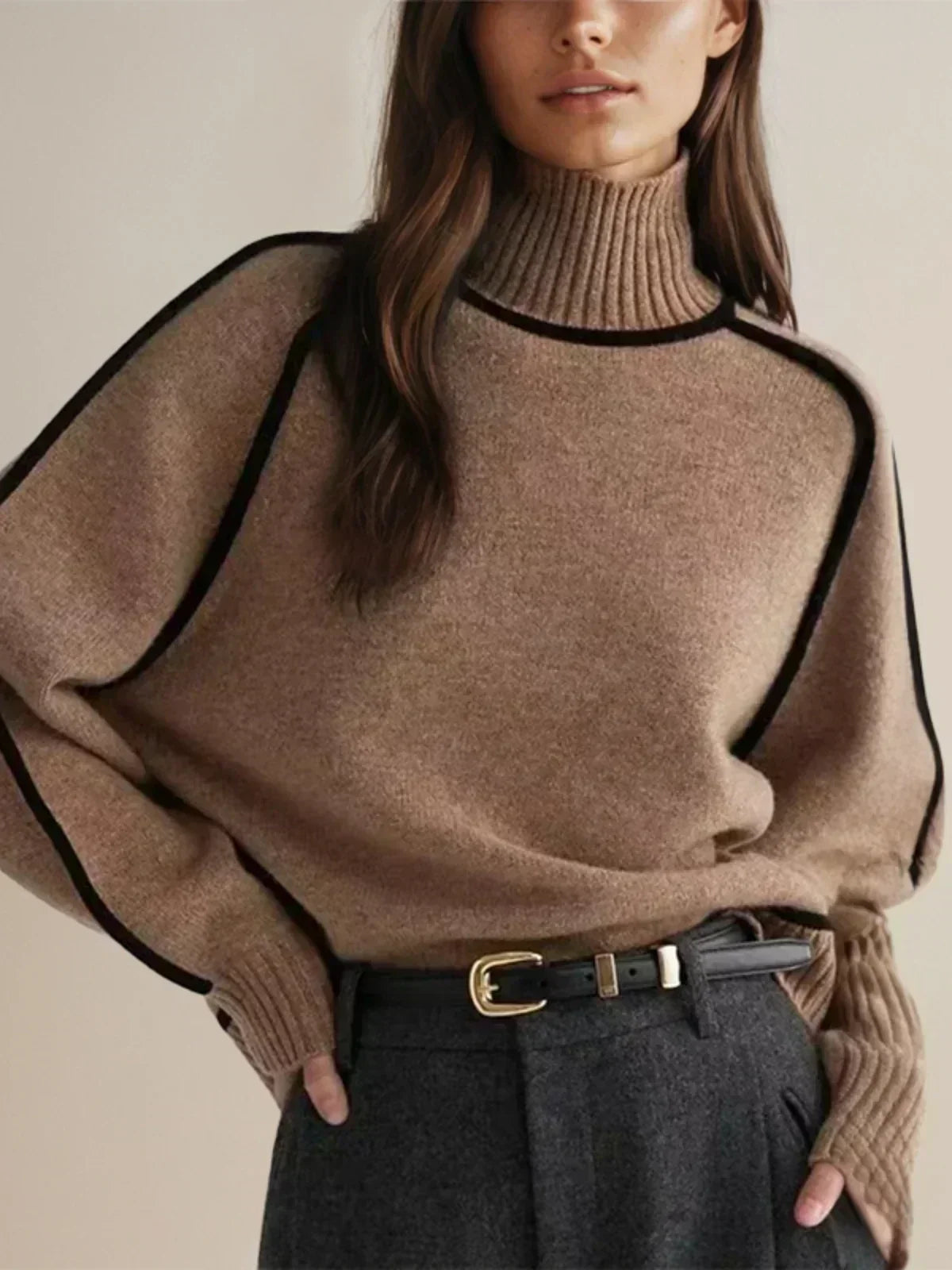 Brown contrast trim turtleneck sweater - Lana Fiorelli