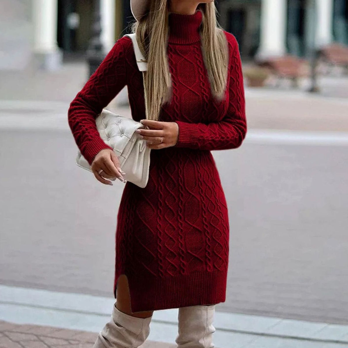 Burgundy cable knit turtleneck dress - Lana Fiorelli