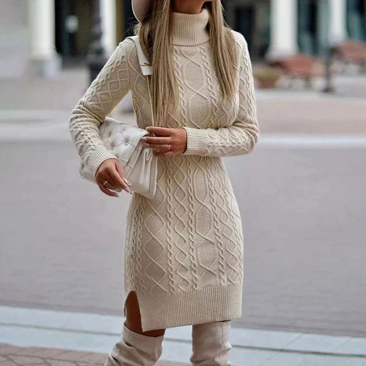 Beige cable knit turtleneck dress - Lana Fiorelli