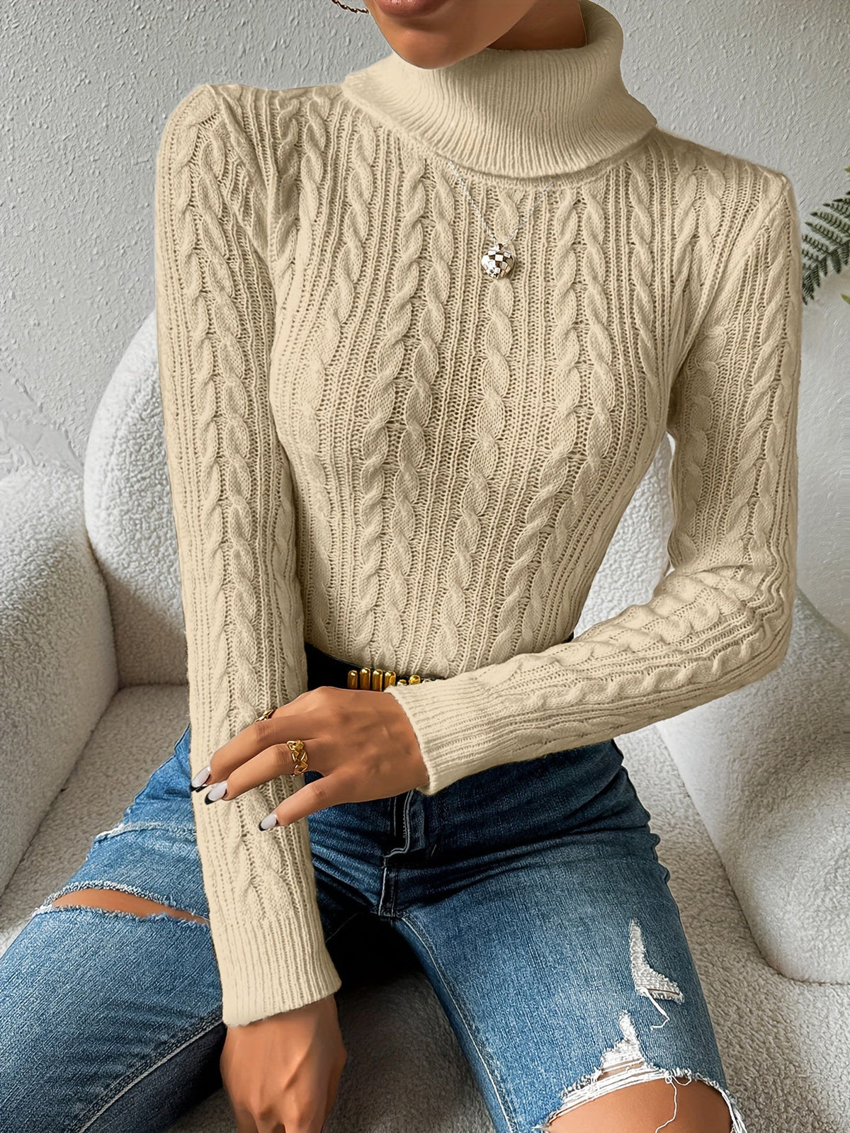Beige cable knit turtleneck jumper - Lana Fiorelli