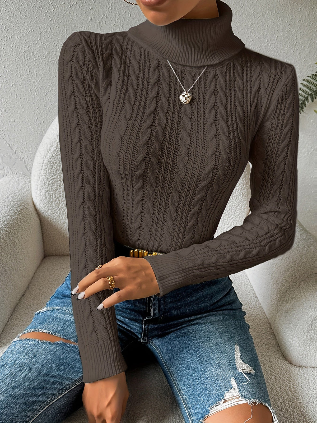 Dark Grey cable knit turtleneck jumper - Lana Fiorelli
