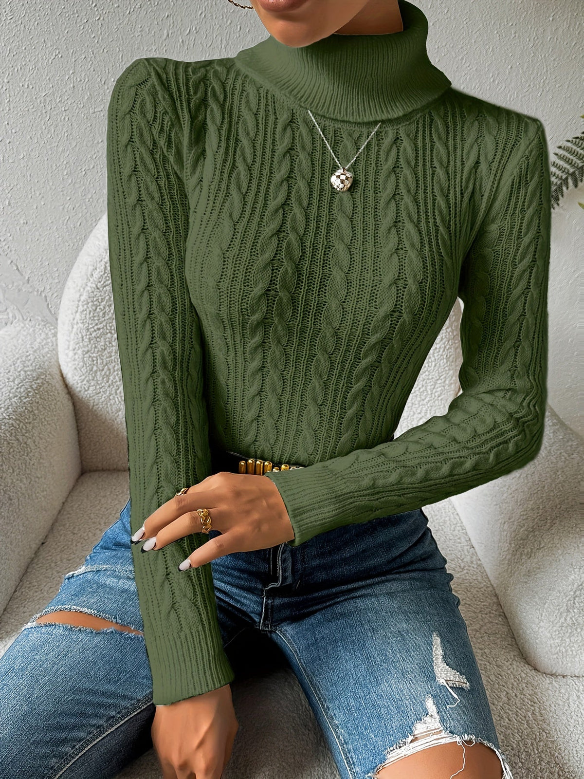 Khaki cable knit turtleneck jumper - Lana Fiorelli