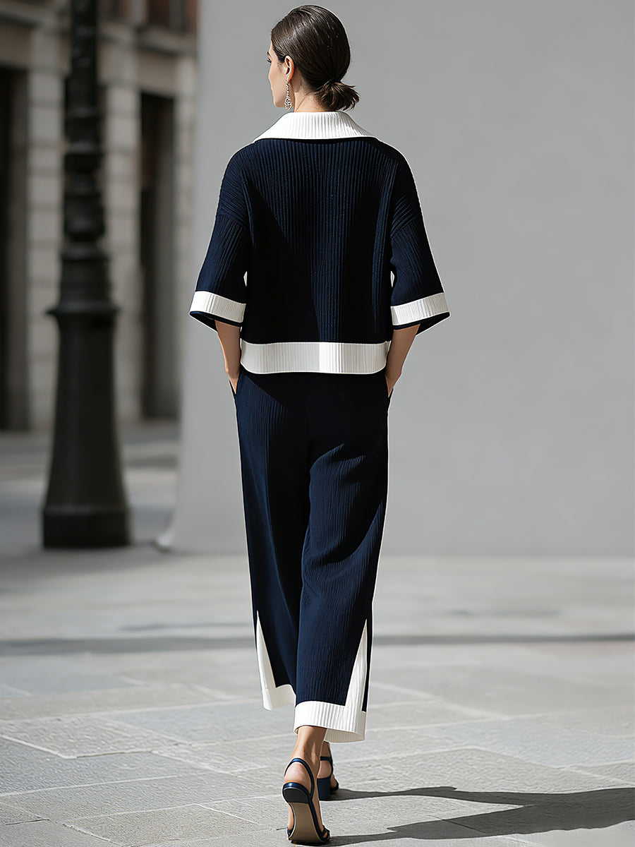 Navy ribbed knit polo and trouser set - Lana Fiorelli