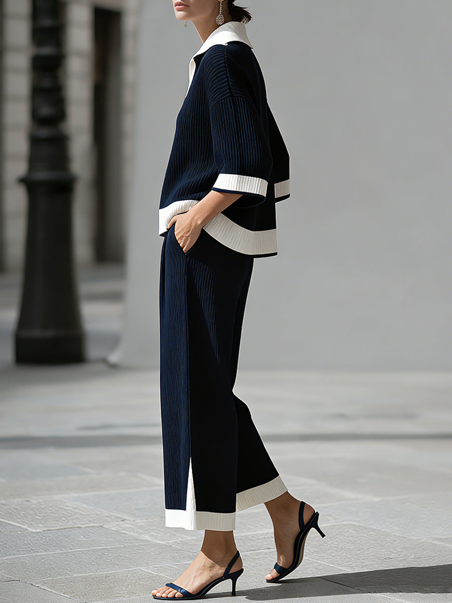 Navy ribbed knit polo and trouser set - Lana Fiorelli