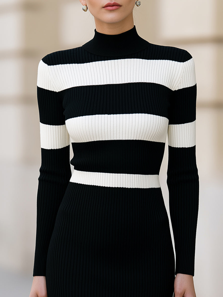 Black and White striped ribbed knit midi dress - Lana Fiorelli