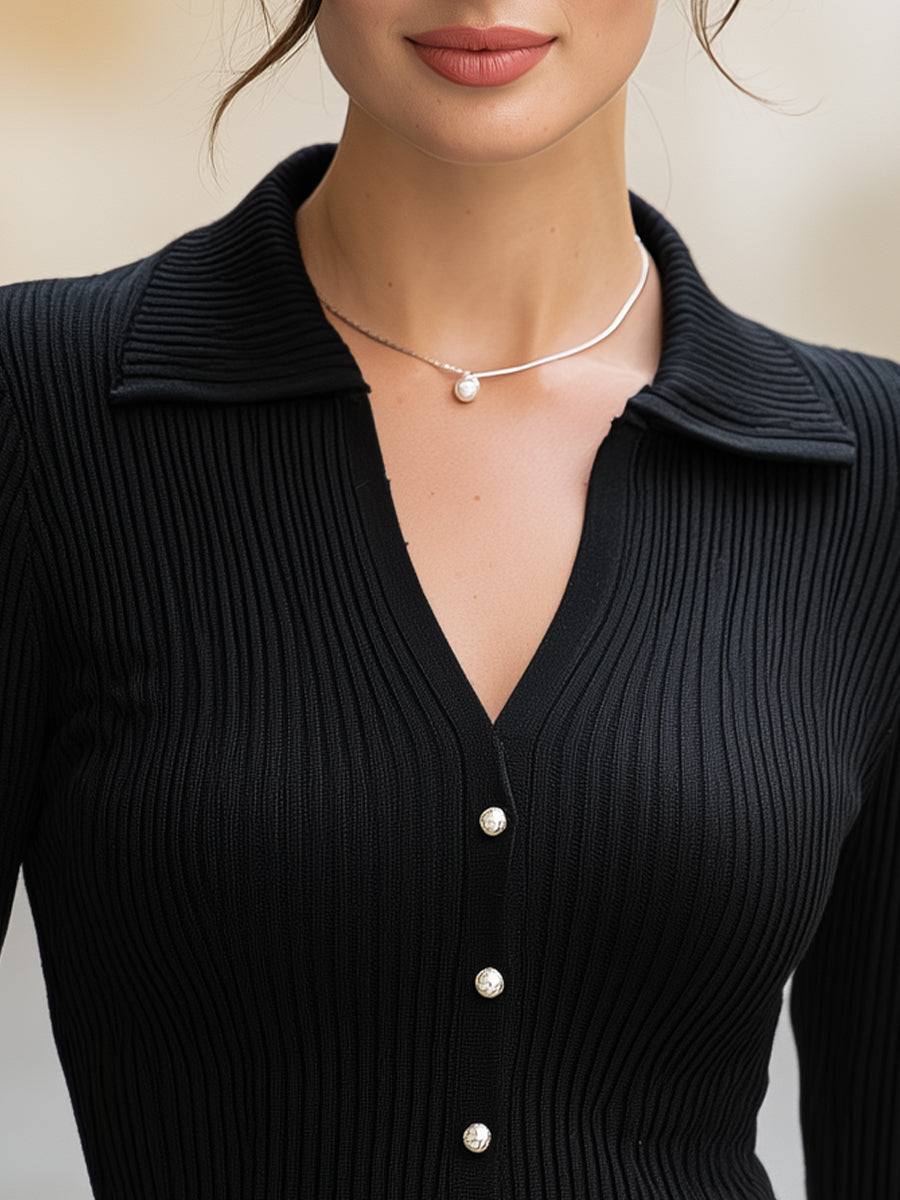Black polo collar ribbed sweater - Lana Fiorelli