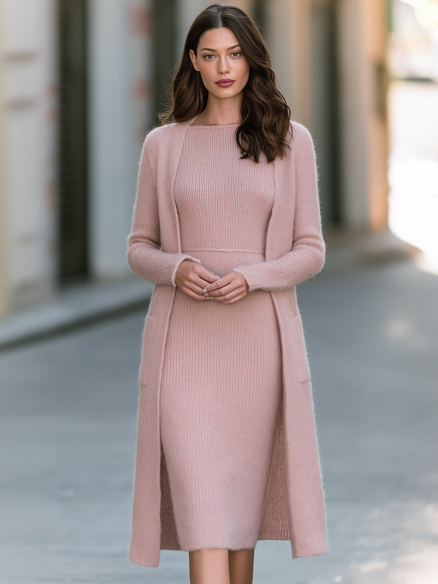 Pink knit midi dress and long cardigan set - Lana Fiorelli