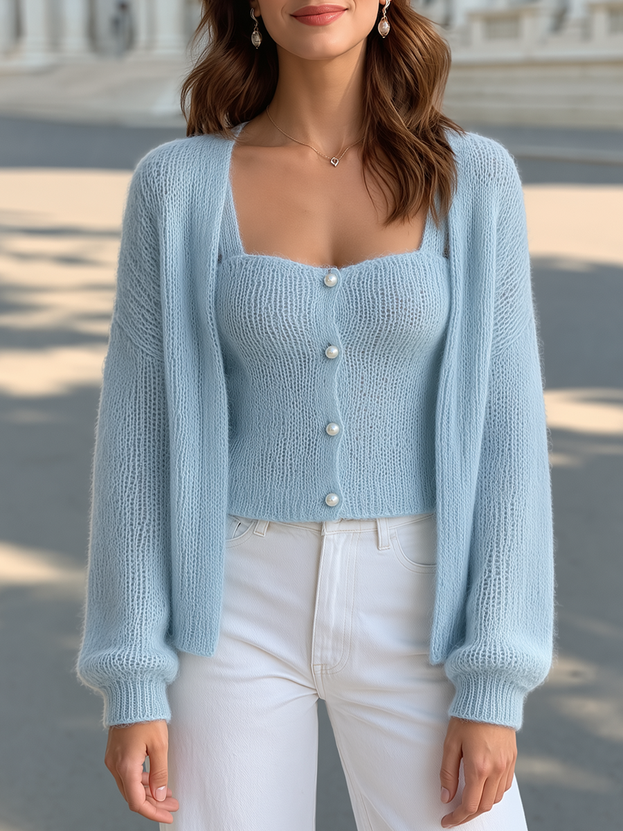 Light Blue knit camisole and cardigan set - Lana Fiorelli