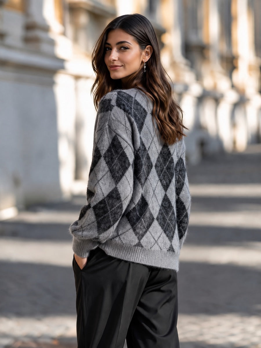 Grey argyle knit cardigan - Lana Fiorelli