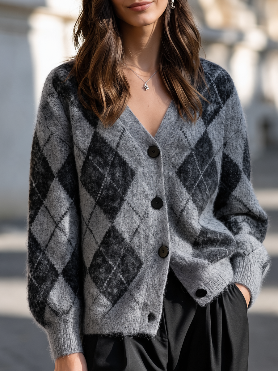 Grey argyle knit cardigan - Lana Fiorelli