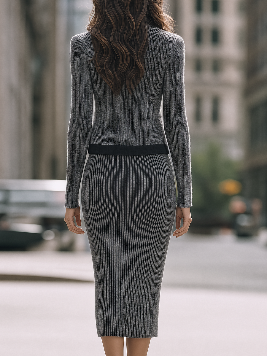 Grey striped knit dress and cardigan set - Lana Fiorelli