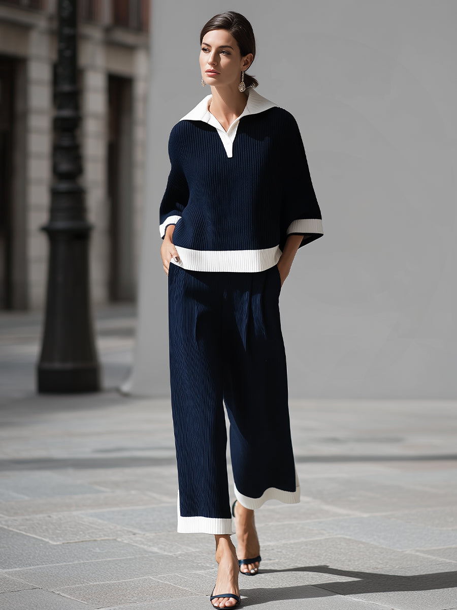 Navy ribbed knit polo and trouser set - Lana Fiorelli
