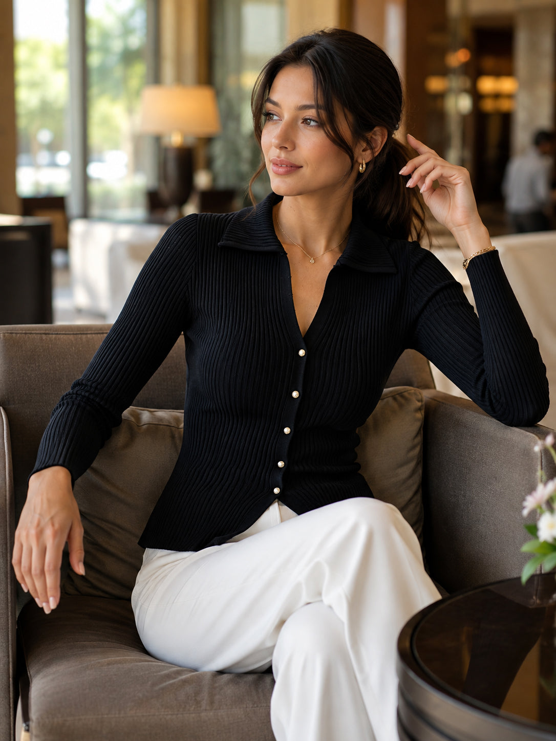 Black polo collar ribbed sweater - Lana Fiorelli