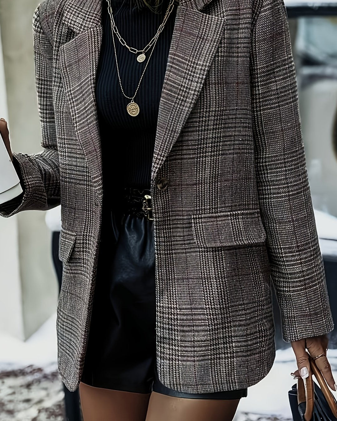 Blazer Donna a Quadri con Rever e Bottoni Taglie Comode - Kaki