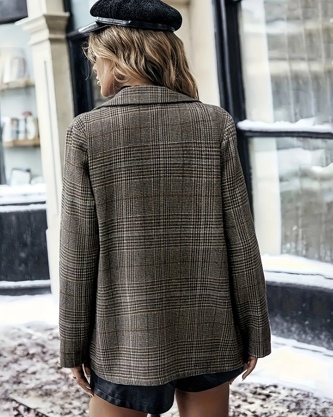 Blazer Donna a Quadri con Rever e Bottoni Taglie Comode - Kaki