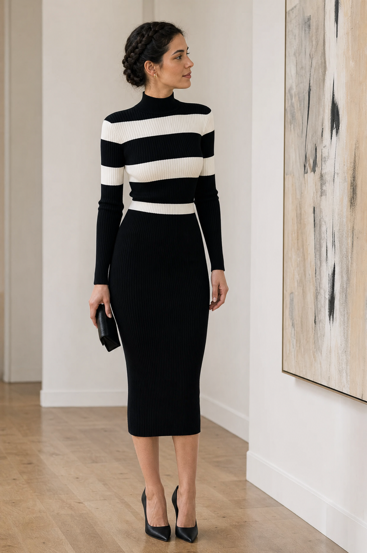 Black and White striped ribbed knit midi dress - Lana Fiorelli