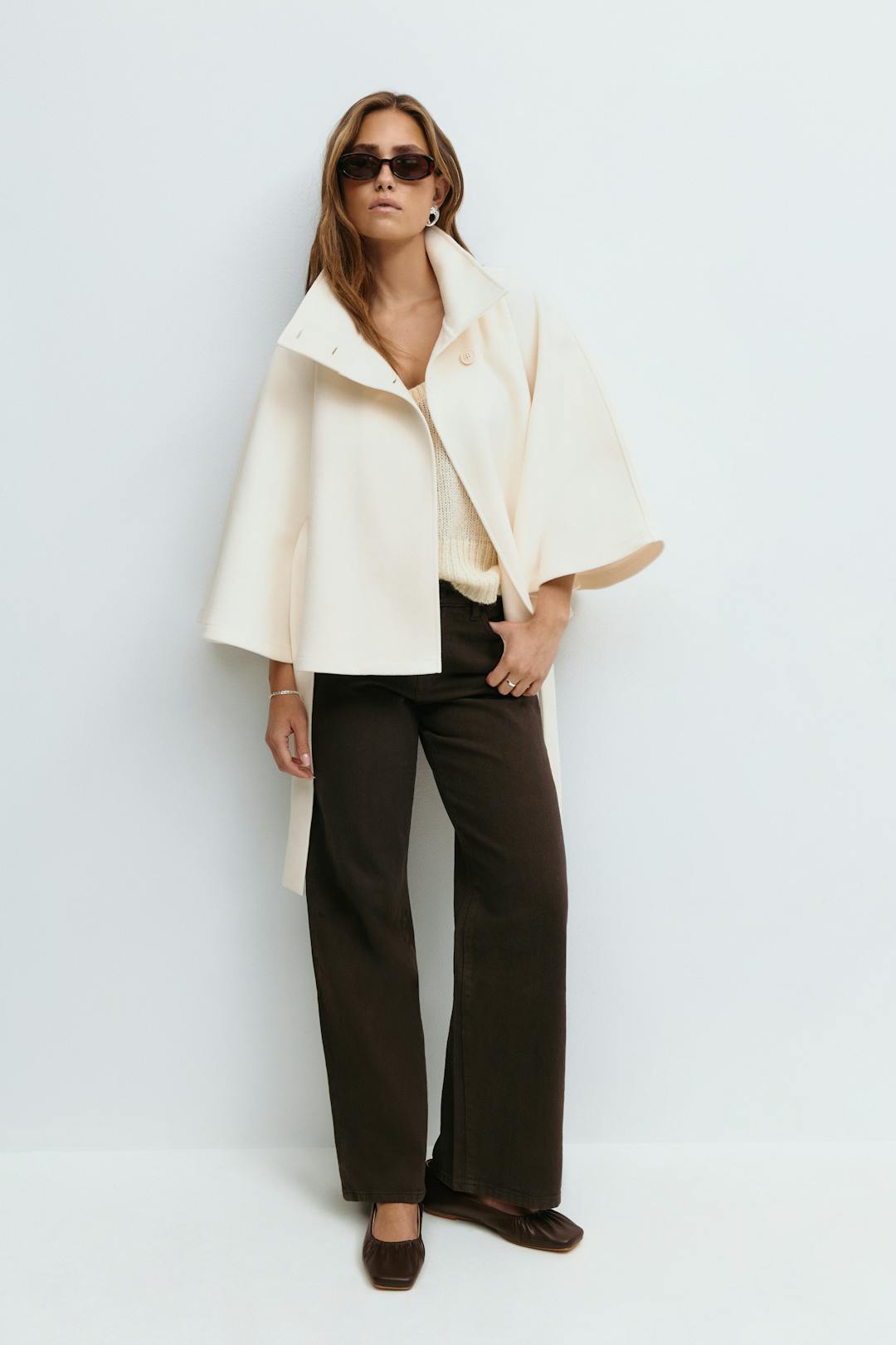 Coffee Brown belted cape coat - Lana Fiorelli