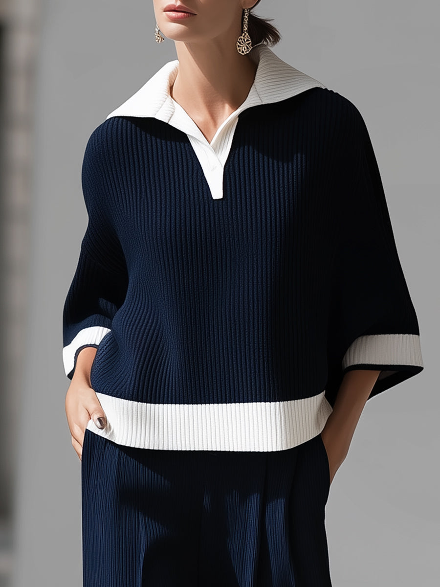 Navy ribbed knit polo and trouser set - Lana Fiorelli