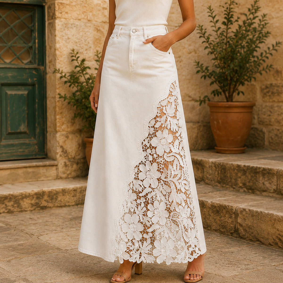 White lace panel maxi skirt - Lana Fiorelli
