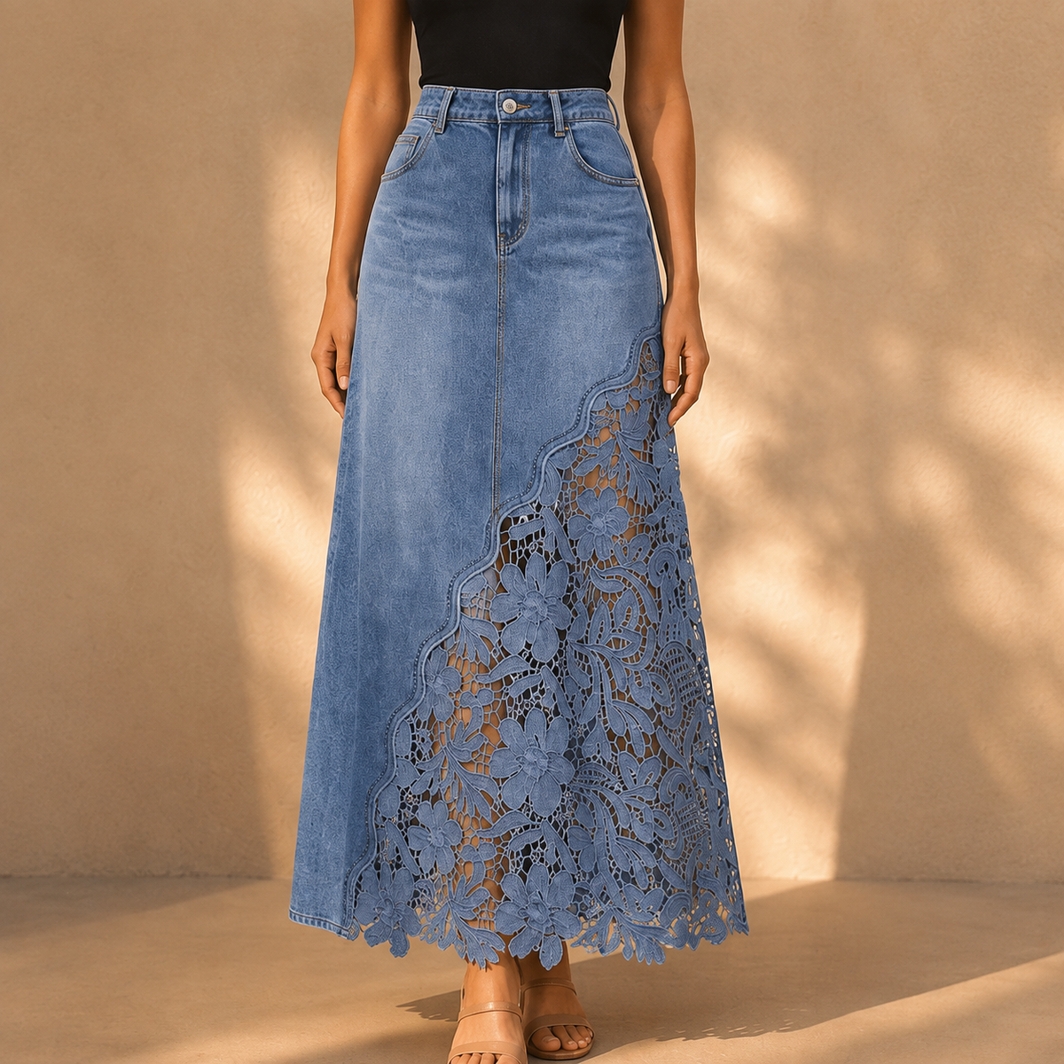 Light Blue lace panel maxi skirt - Lana Fiorelli