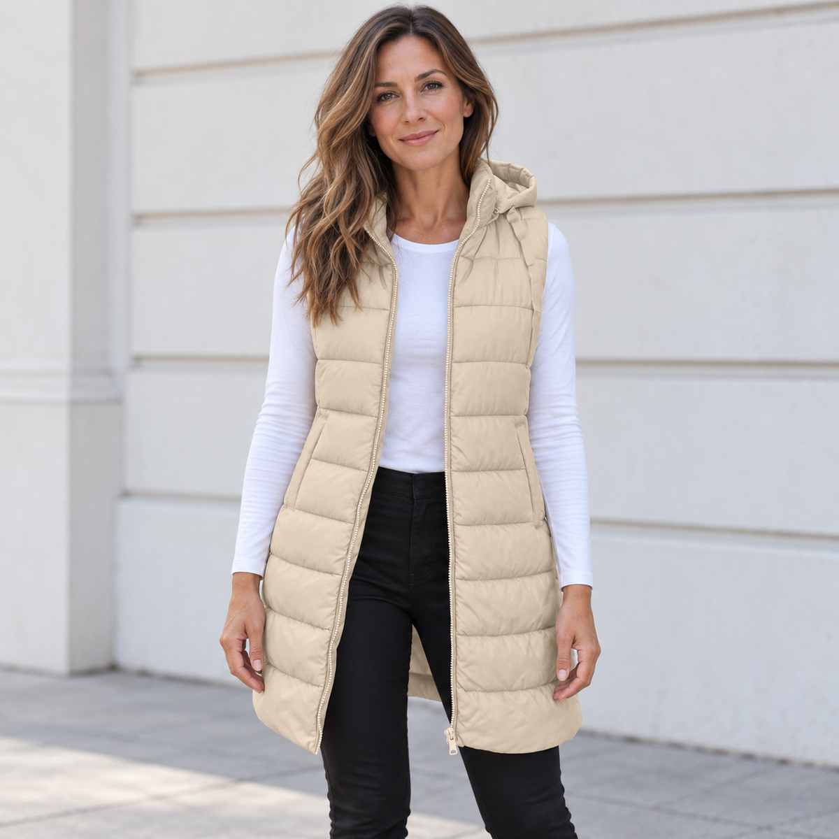 Cream long quilted hooded gilet - Lana Fiorelli