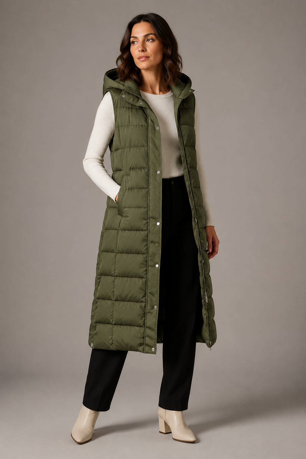 Dark Green long hooded gilet - Lana Fiorelli