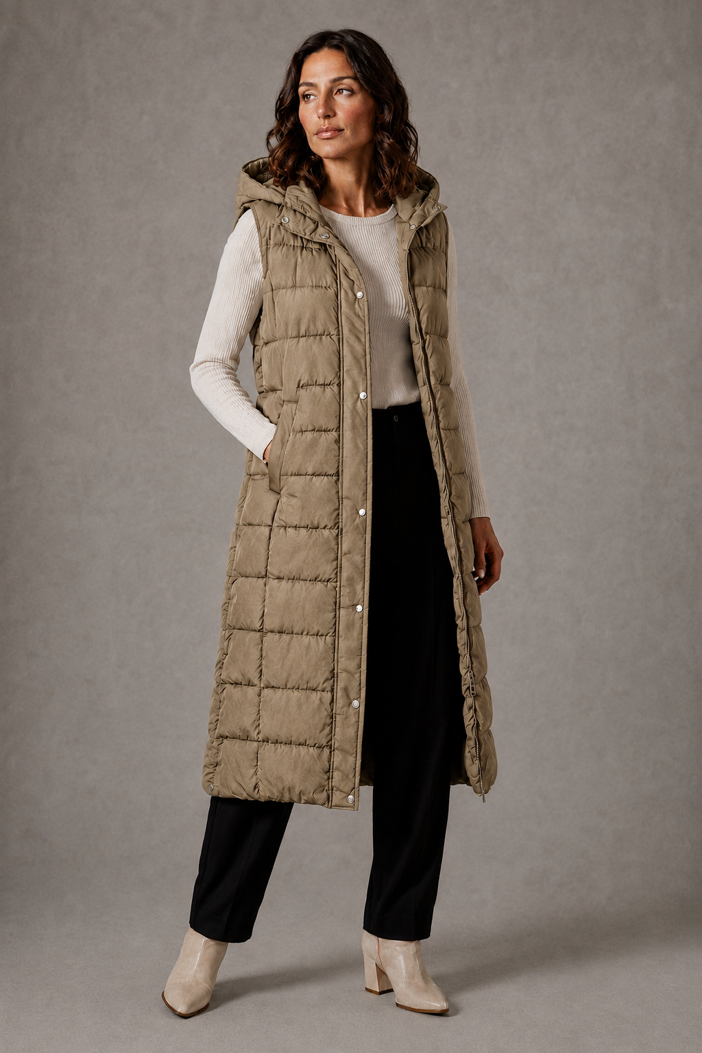 Khaki long hooded gilet - Lana Fiorelli