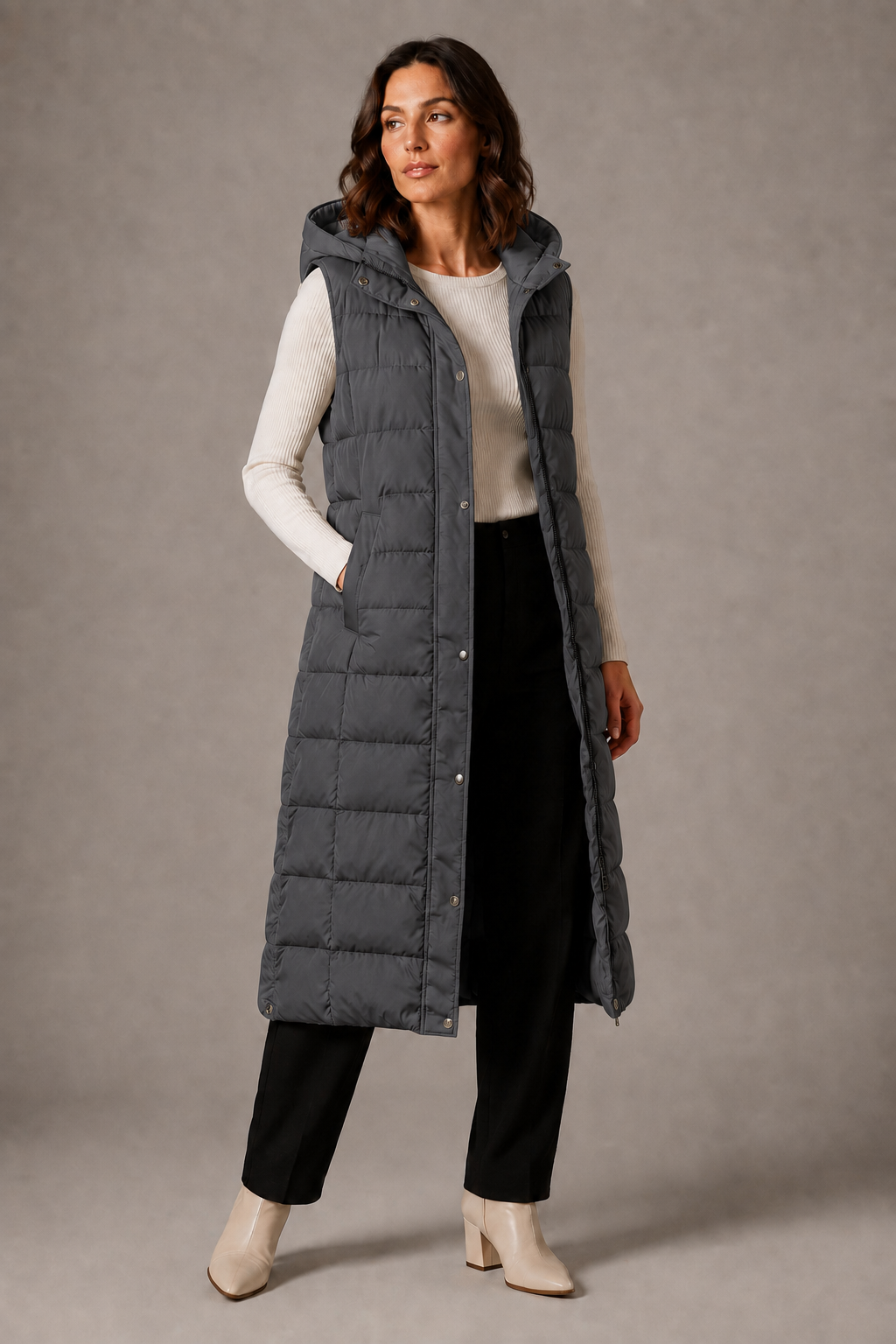 Dark Grey long hooded gilet - Lana Fiorelli