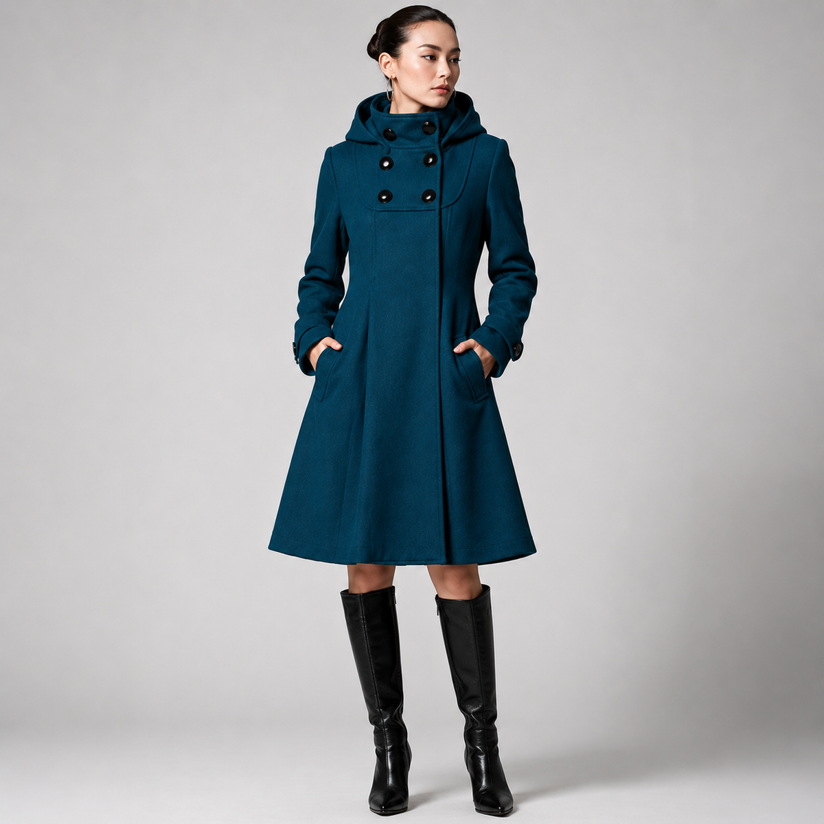 Dark Green structured hooded coat - Lana Fiorelli