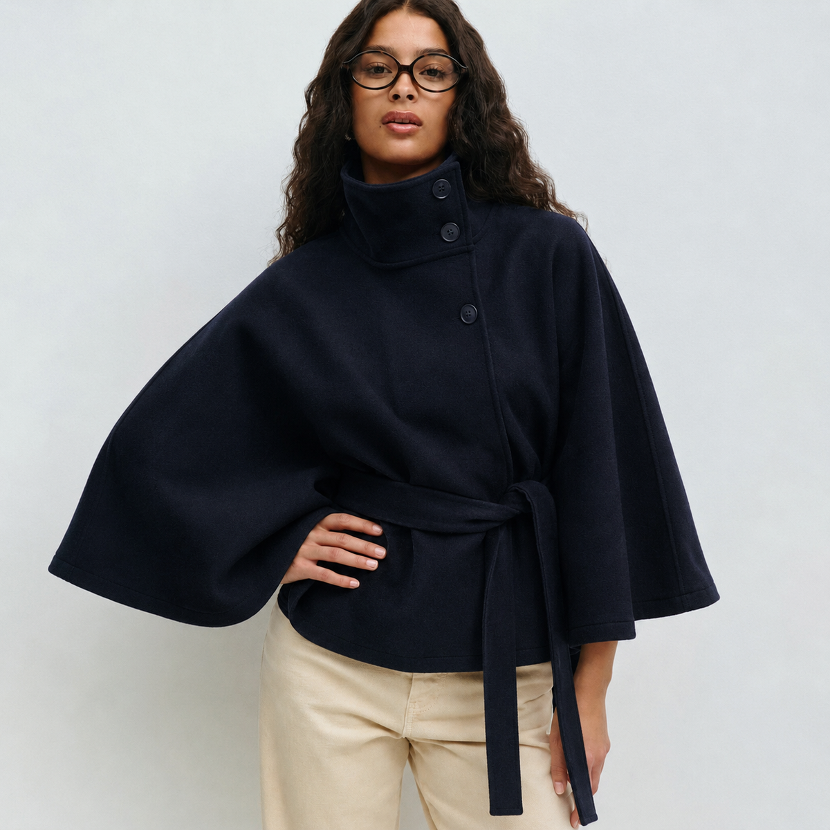 Navy belted cape coat - Lana Fiorelli
