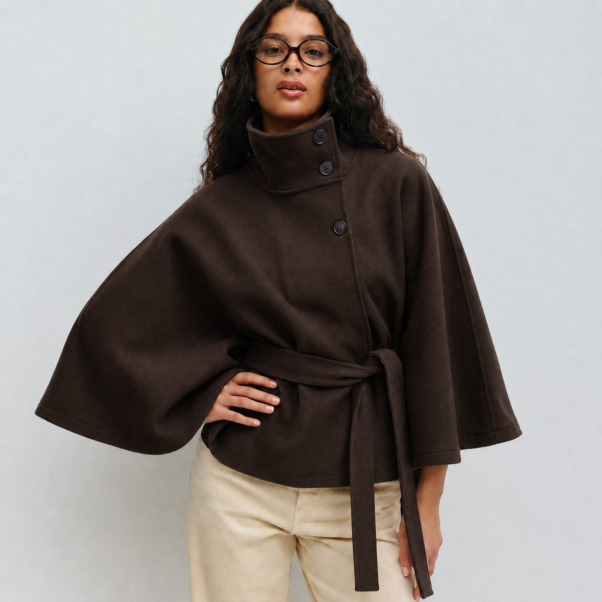 Coffee Brown belted cape coat - Lana Fiorelli
