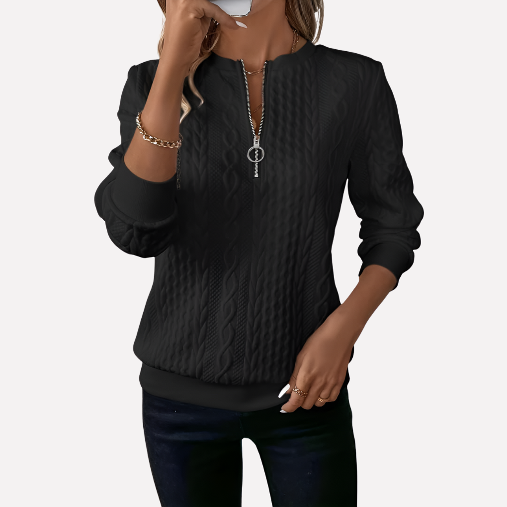 Black zip neck cable pullover - Lana Fiorelli