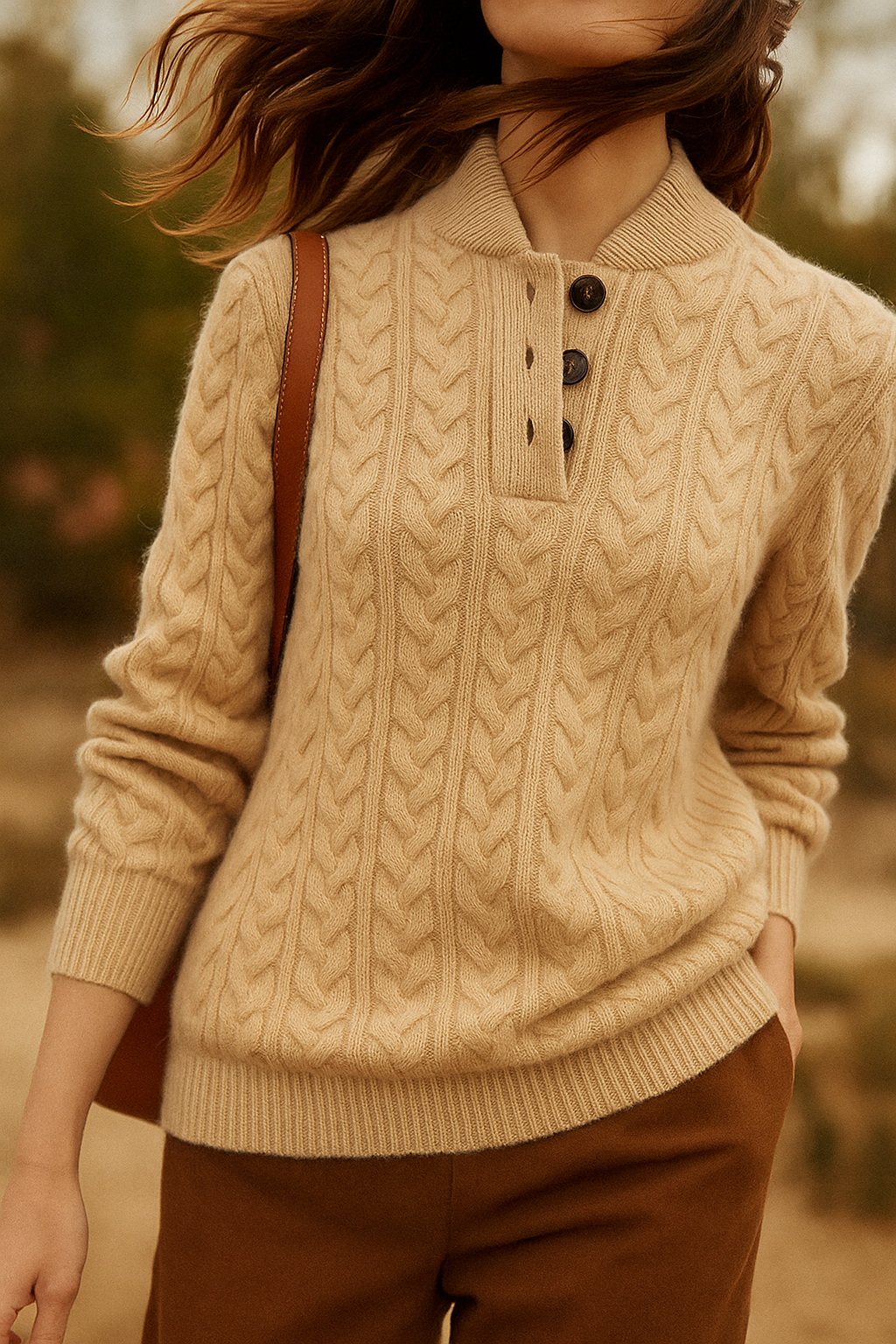 Khaki button neck cable sweater - Lana Fiorelli