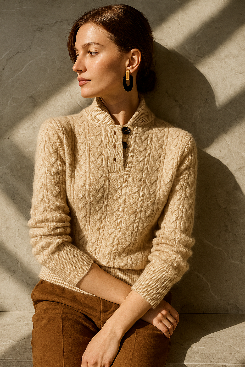 Khaki button neck cable sweater - Lana Fiorelli