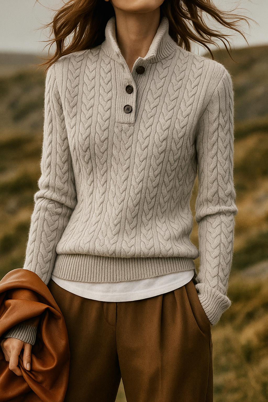 Grey button neck cable sweater - Lana Fiorelli