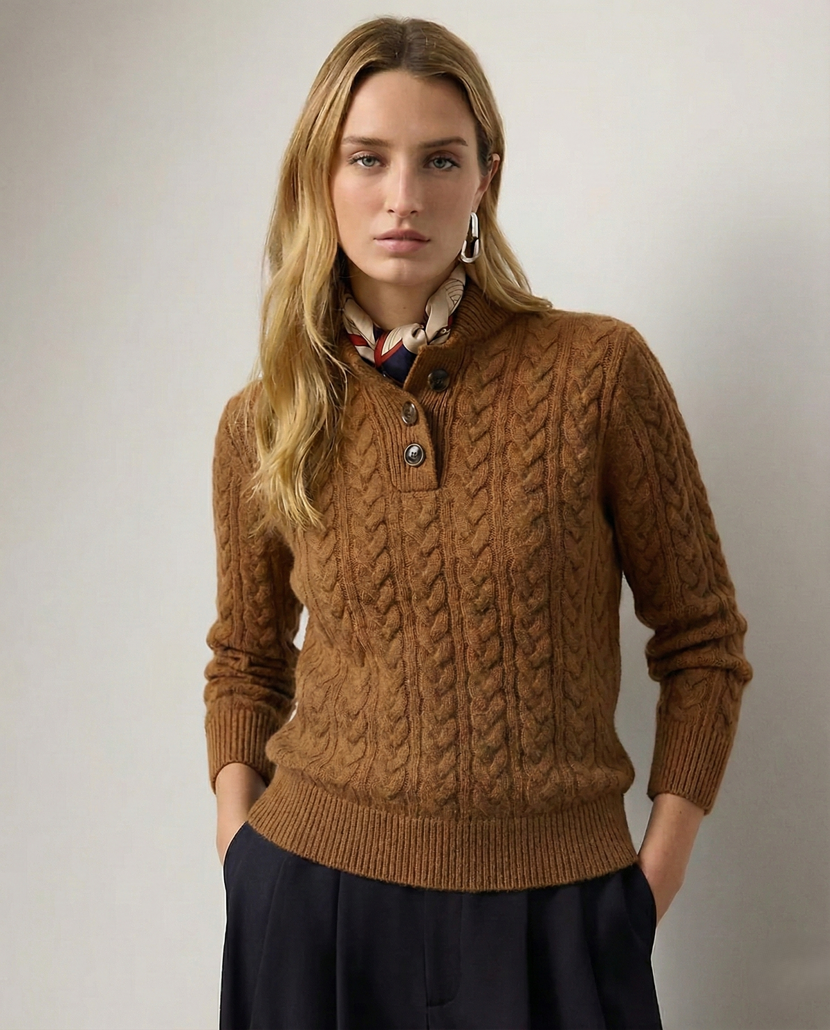 Brown button neck cable sweater - Lana Fiorelli