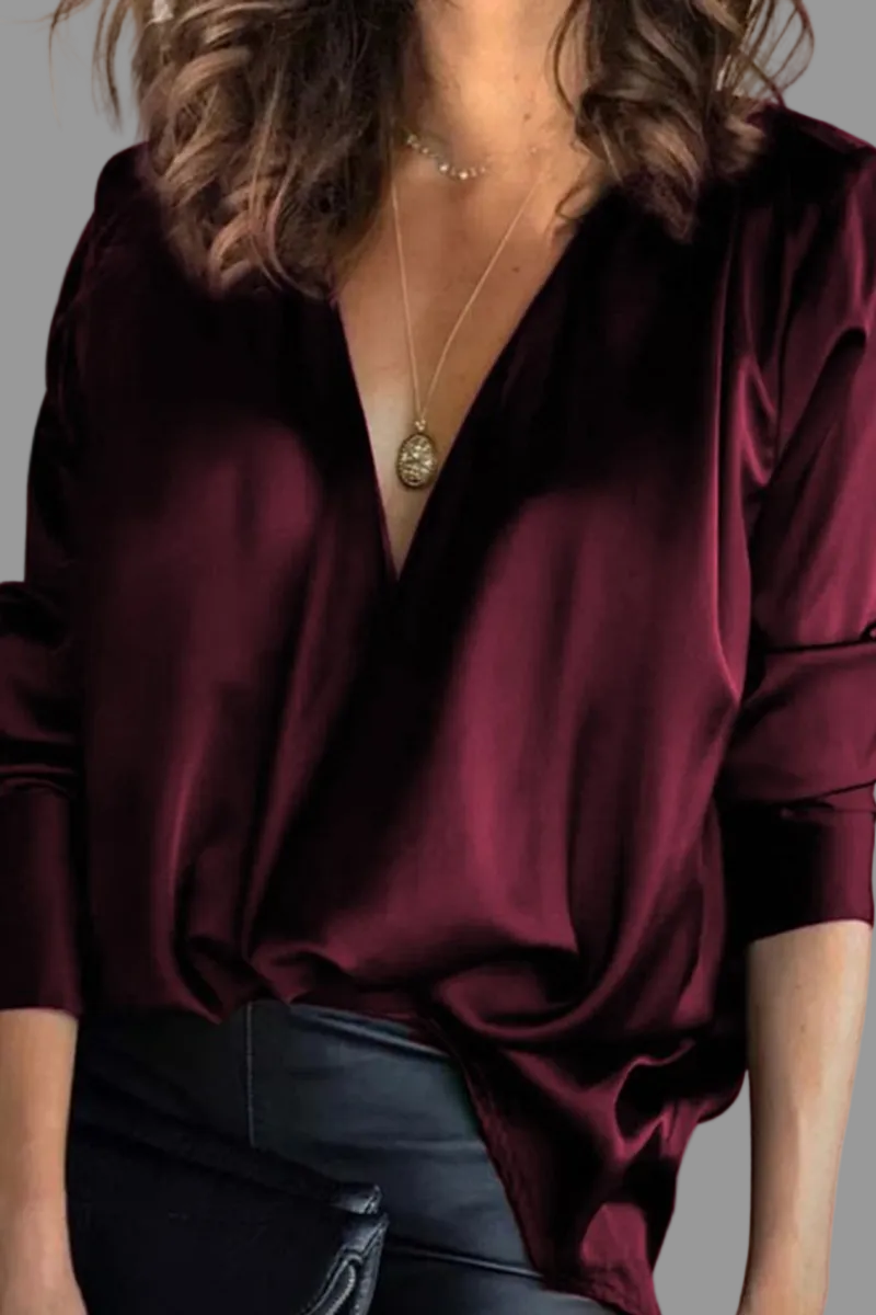 Burgundy deep v satin blouse - Lana Fiorelli