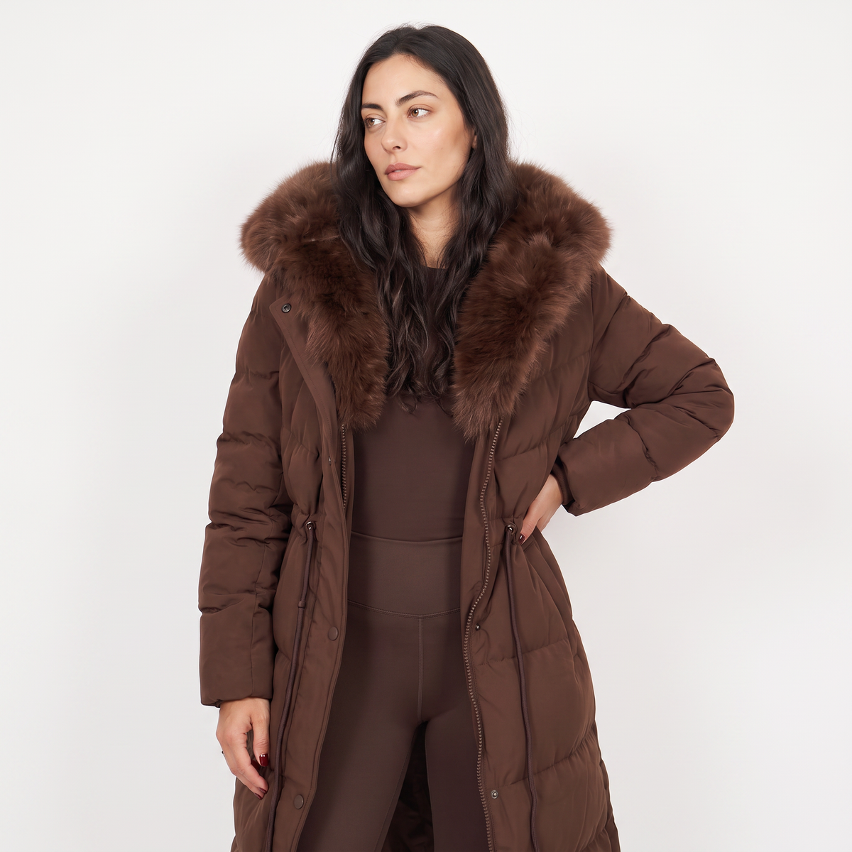 Brown puffer coat Side View - Lana Fiorelli