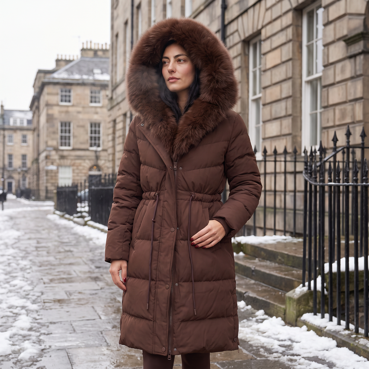 Brown puffer coat hood detail - Lana Fiorelli
