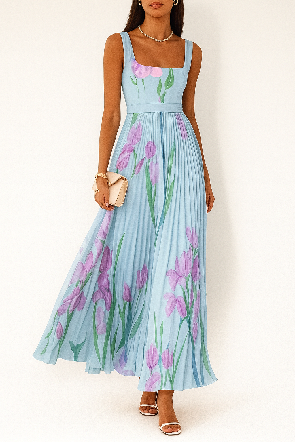 Blue Pleated Maxi Dress - Lana Fiorelli
