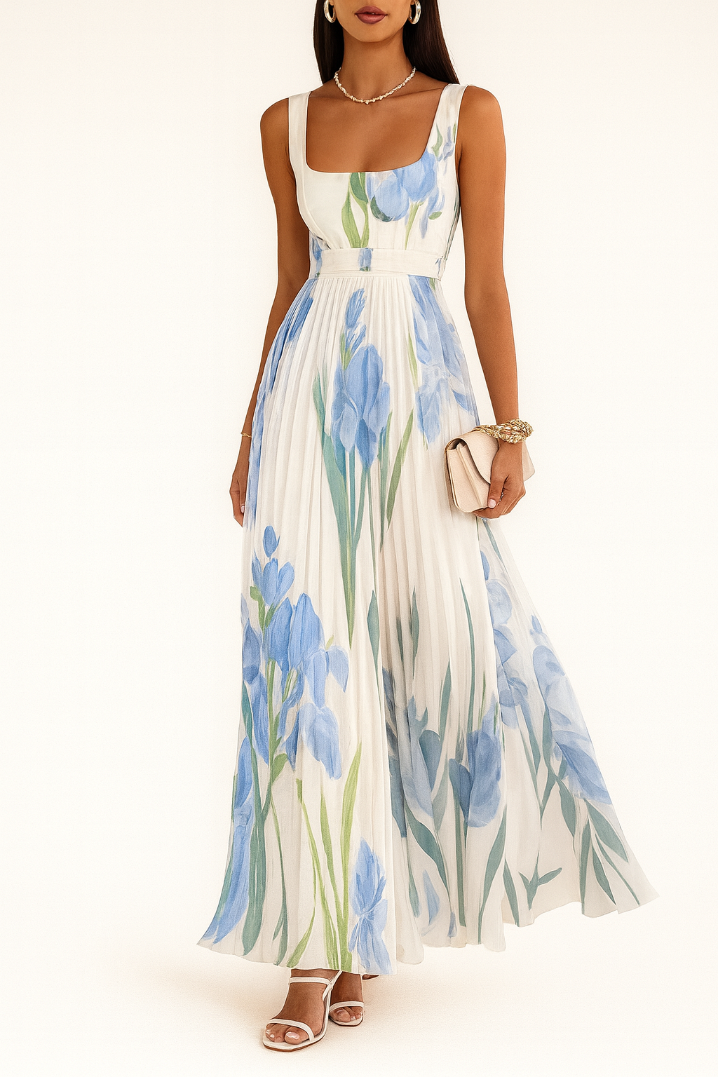 Light Blue Pleated Maxi Dress - Lana Fiorelli