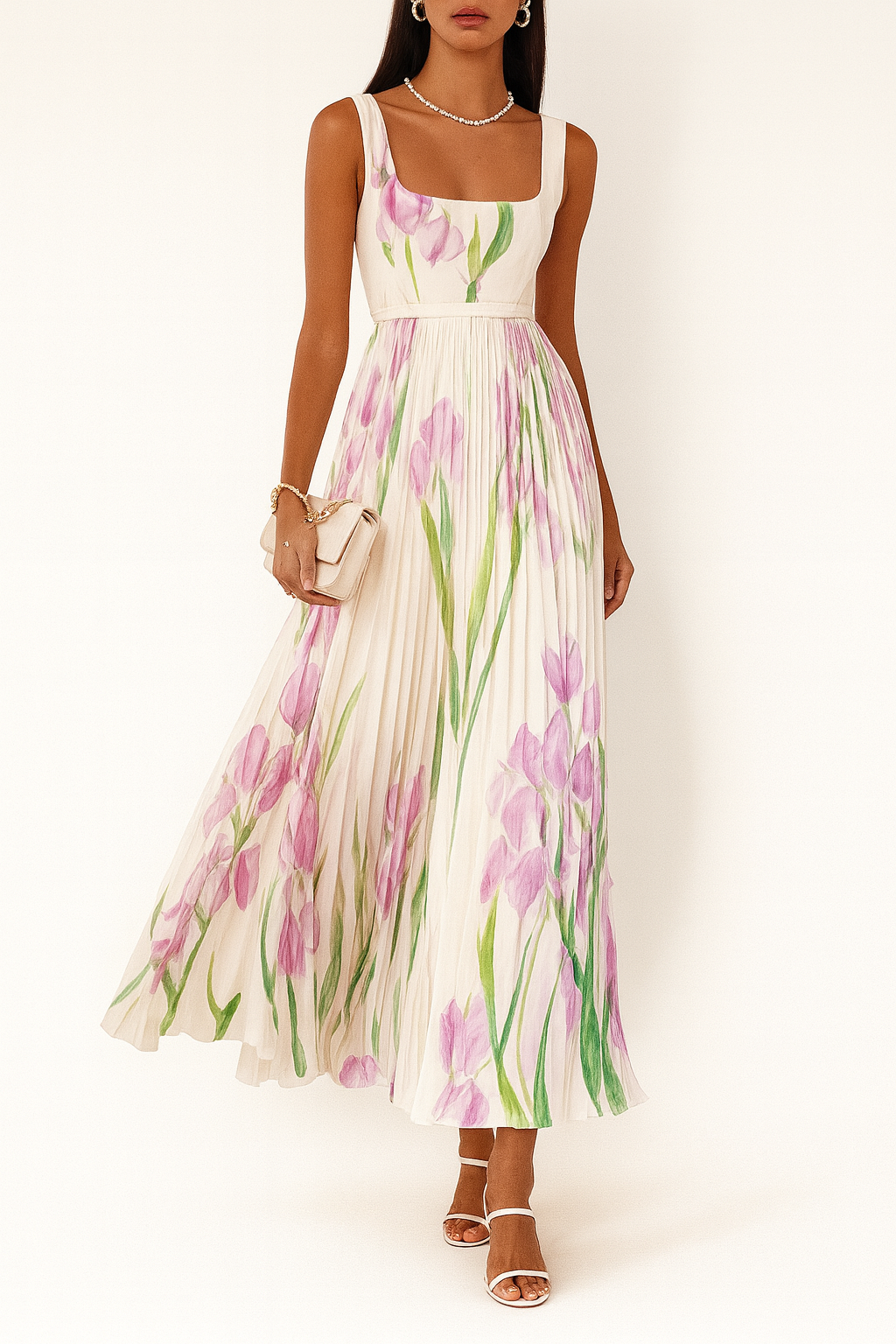 White Pleated Maxi Dress - Lana Fiorelli