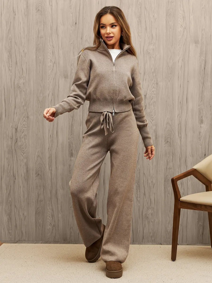 Khaki knit cardigan and trousers set - Lana Fiorelli