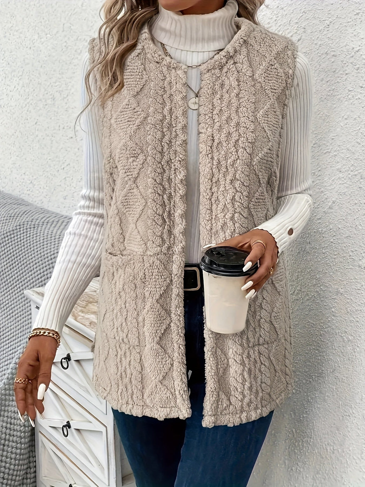 Khaki open front fleece gilet - Lana Fiorelli