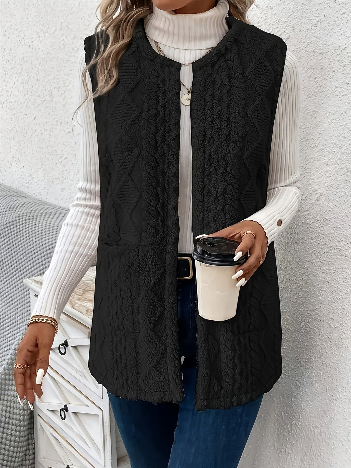 Black open front fleece gilet - Lana Fiorelli