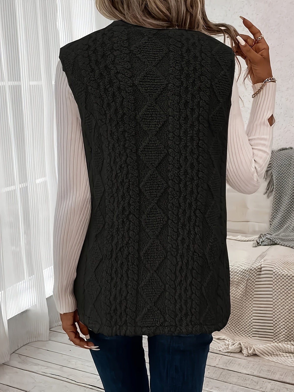 Black open front fleece gilet - Lana Fiorelli