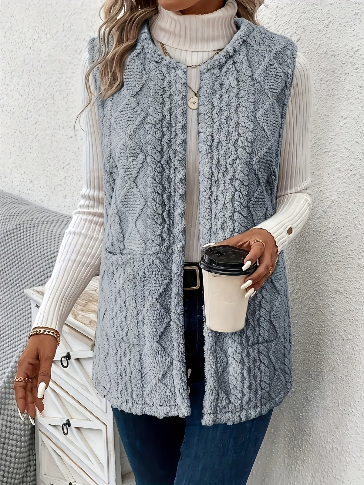 Grey open front fleece gilet - Lana Fiorelli