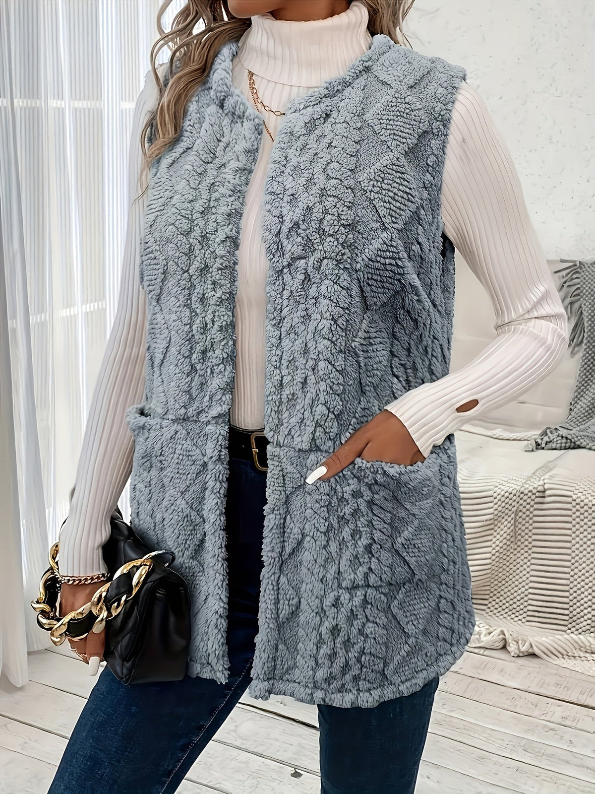 Grey open front fleece gilet - Lana Fiorelli