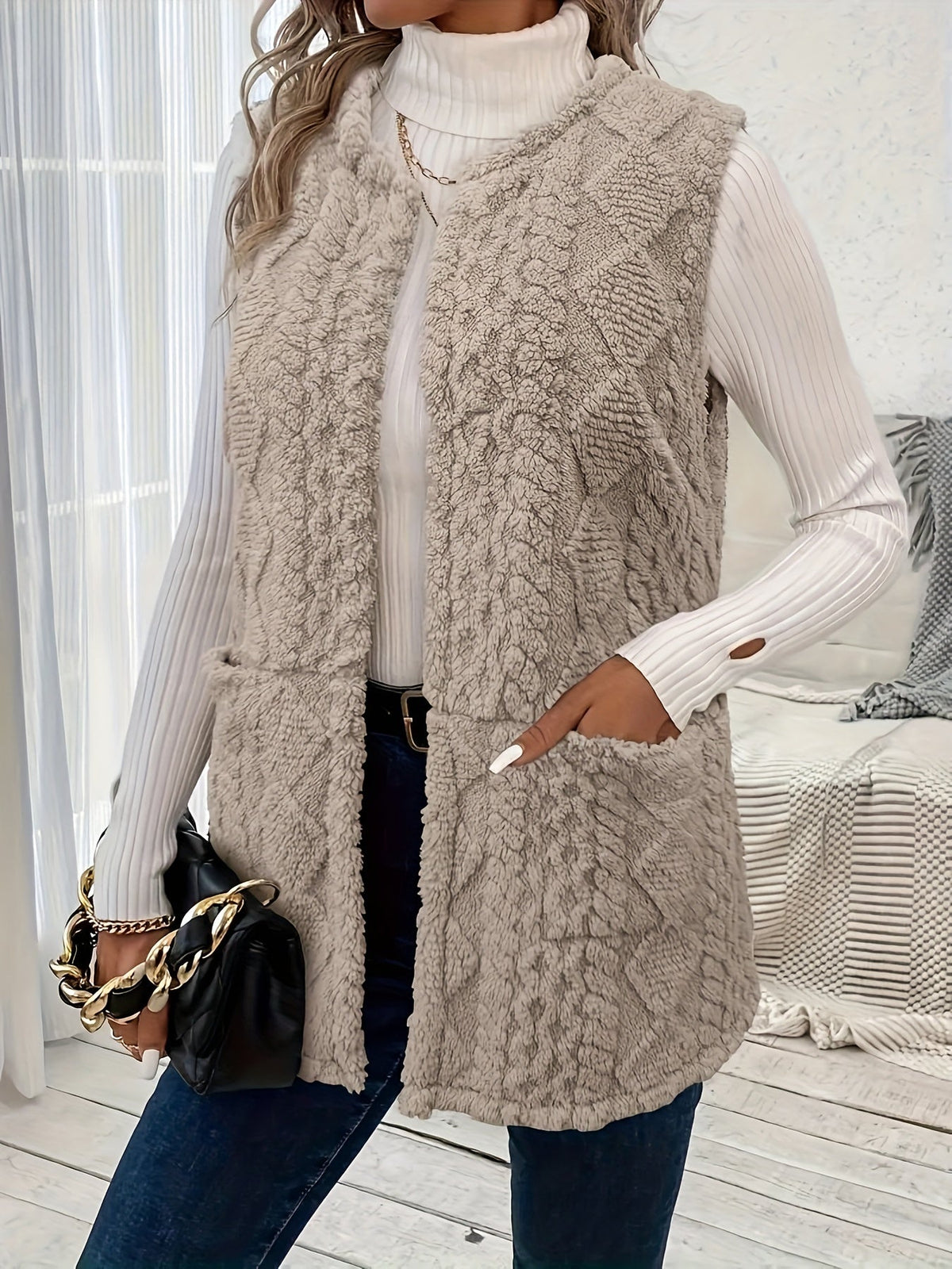 Khaki open front fleece gilet - Lana Fiorelli